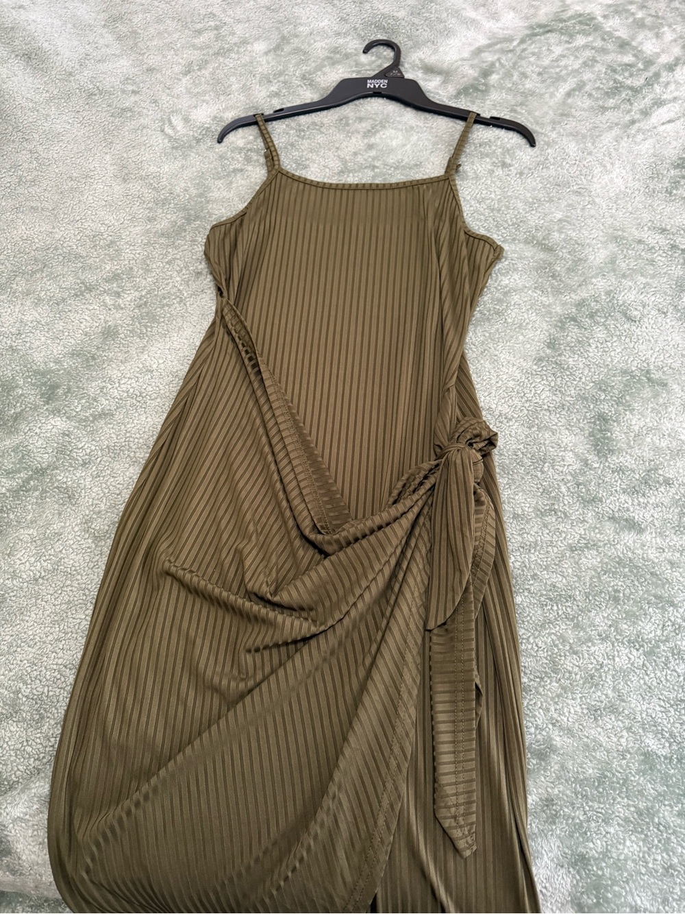 SHEIN Olive Ribbed Maxi Slip Dress with Side Tie